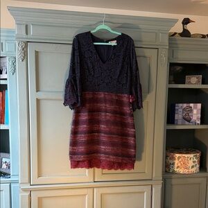 Nanette Lepore Navy Lace and Burgundy Knit Two-Tone Shift Dress